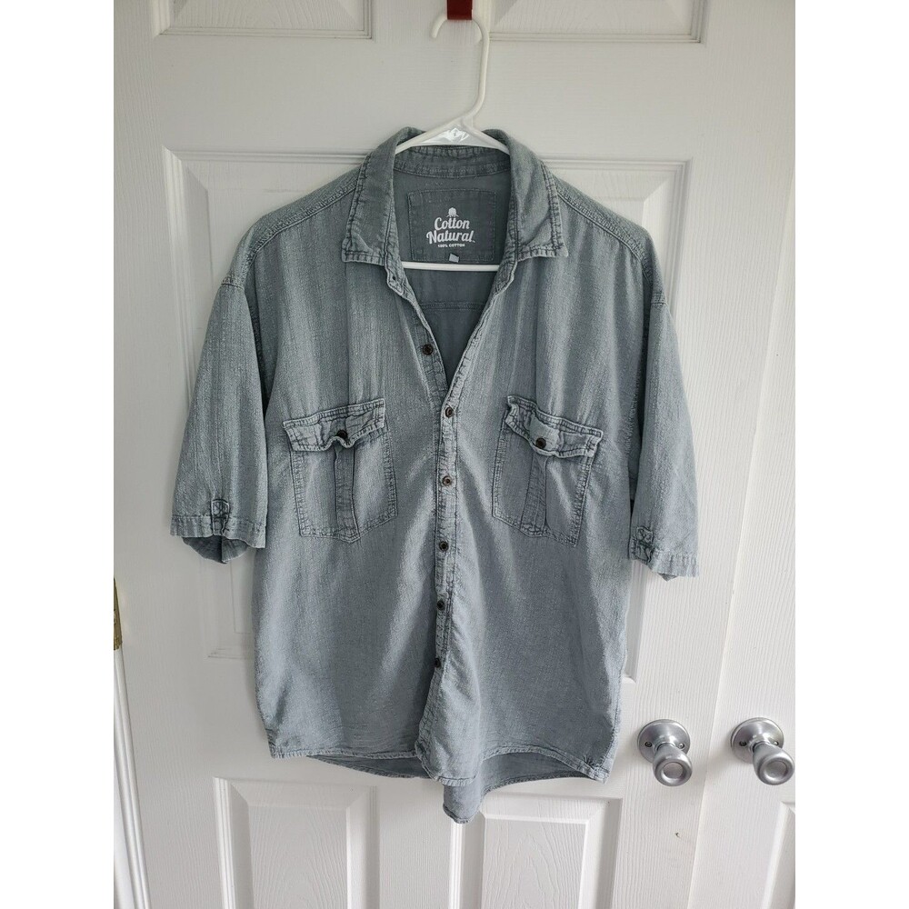 Cotton Natural Button-Up Short Sleeve Shirt - Size Medium - Charcoal Grey/Pocket